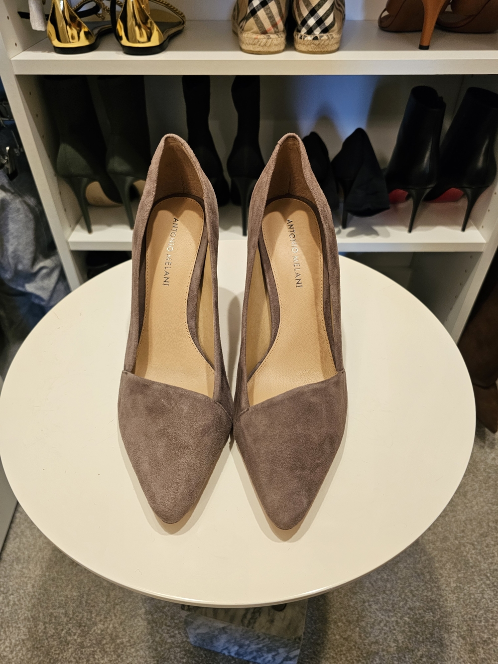 ANTONIO MELANI Taupe Suede Pointed-Toe Pumps